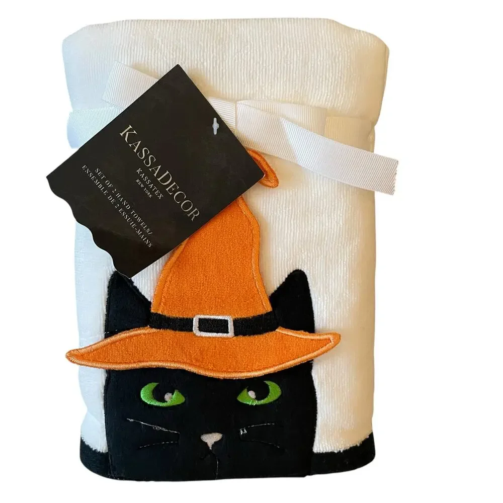 Kassadecor Halloween Witch Cat Hand Towels 18x28 Plush Black & White Set of 2